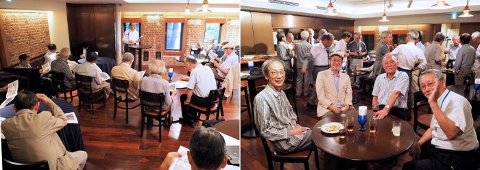 左:伊藤国際学術研究センターで香山先生から本郷キャンパスの歴史の講義を聴く 右:老老男男ながら元気な歓談風景